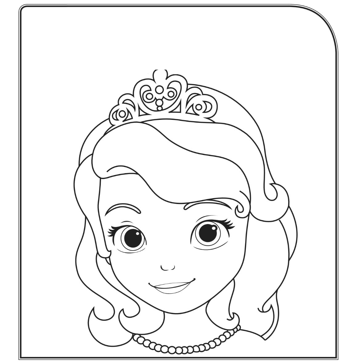 Clip from Sofia the First coloring page. A black and white line drawing of a young girl with large eyes, wearing a jeweled tiara and pearl necklace, smiling softly. Perfect for Sofia the First Coloring Pages, the image features a rounded border on the top right corner.
