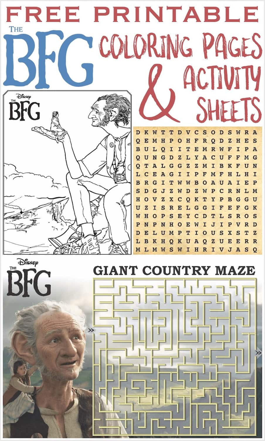 A printable activity sheet for THE BFG featuring Printable Coloring Pages, a word search puzzle, a maze, and images of the BFG character in black and white and color. Text reads “FREE PRINTABLE COLORING PAGES & ACTIVITY SHEETS.”.
