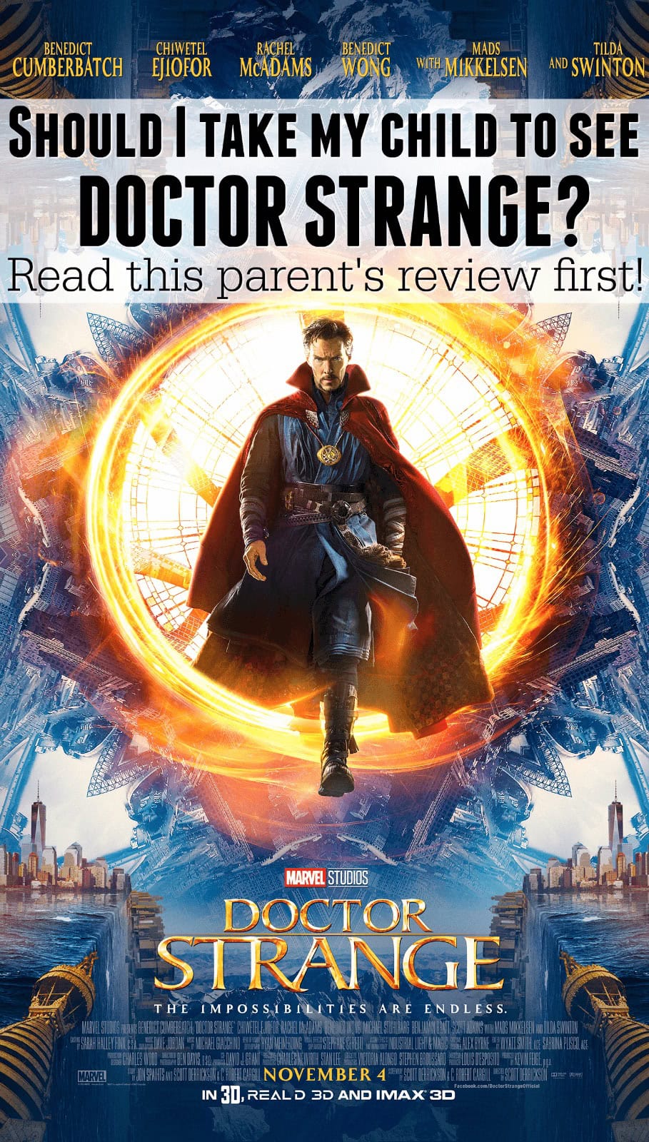 Movie poster for Marvel’s "Doctor Strange," featuring Doctor Strange before a glowing magical portal with the text, "Doctor Strange Parent Review: Should Kids See Doctor Strange? Read this parent’s review before deciding!.