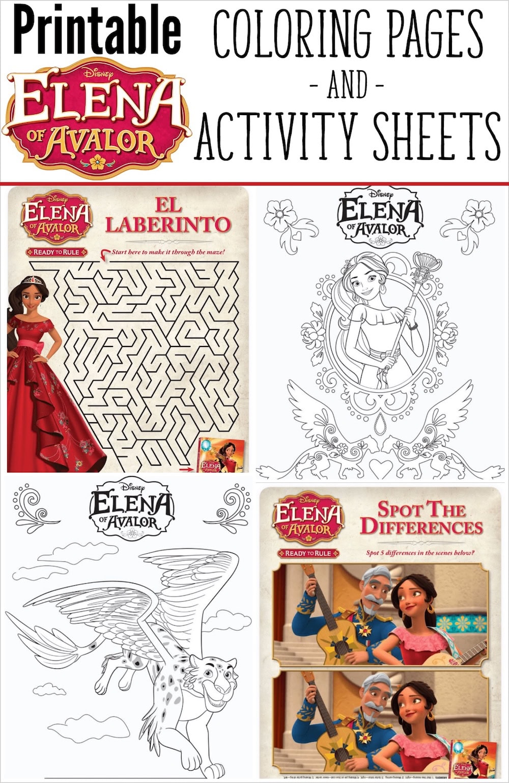 Four printable activity sheets themed after Elena of Avalor: a maze with Elena, two Elena of Avalor coloring pages (one featuring her, one riding a flying jaguar), and a spot the differences activity with two similar scenes.