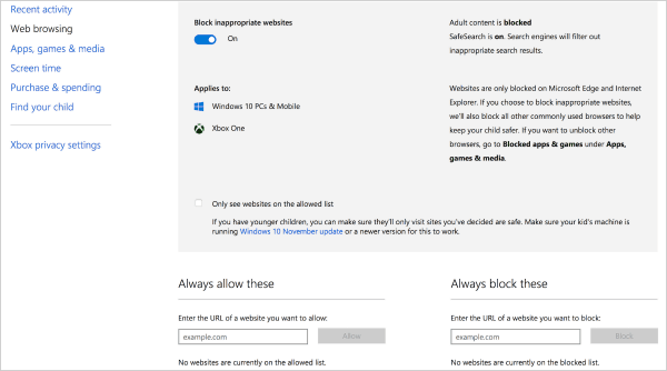 xbox one s parental controls websites