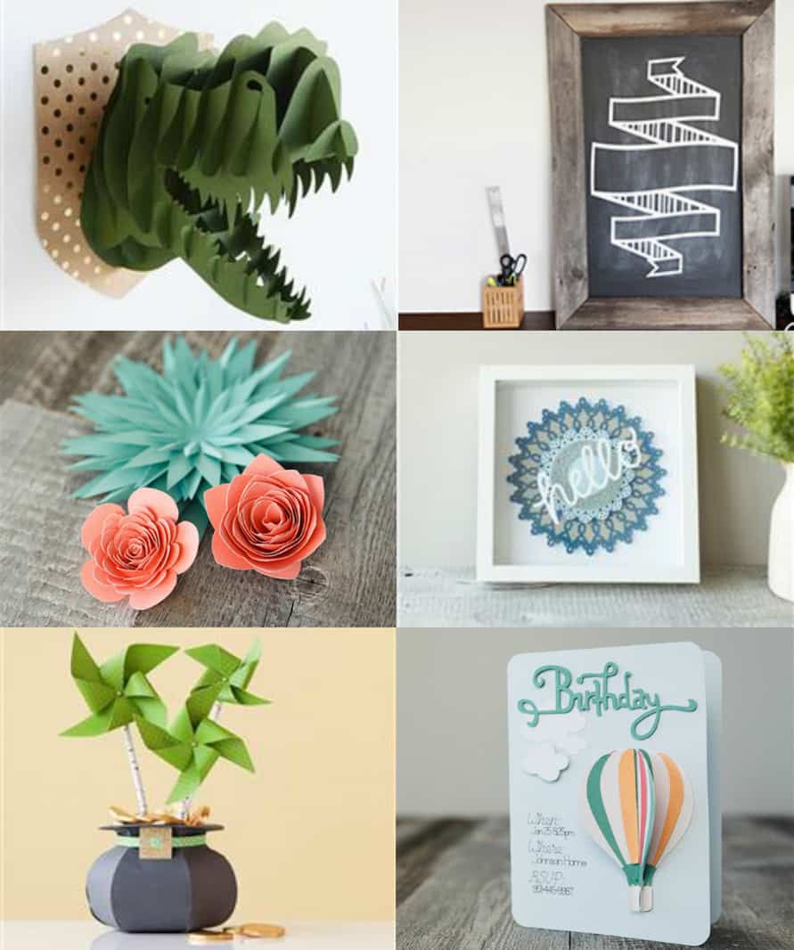six different projects and paper crafts made with a cutting machine