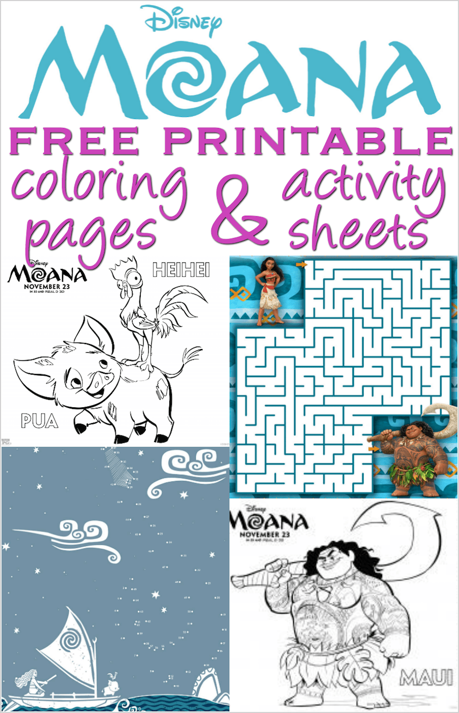 Moana coloring pages and activity sheets - Over 30 free Disney printables