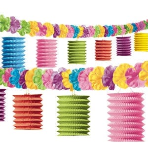 Hawaiian Luau Flowers & Lantern Garland, 10 Feet