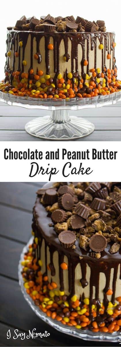 how to make a chocolate peanut butter drip cake with reeses pieces