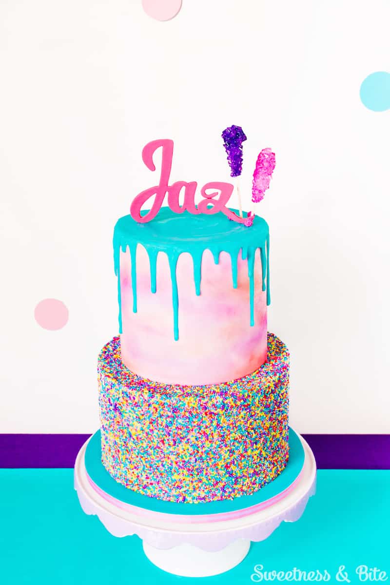 how to make a drip cake with sprinkles and turquoise icing