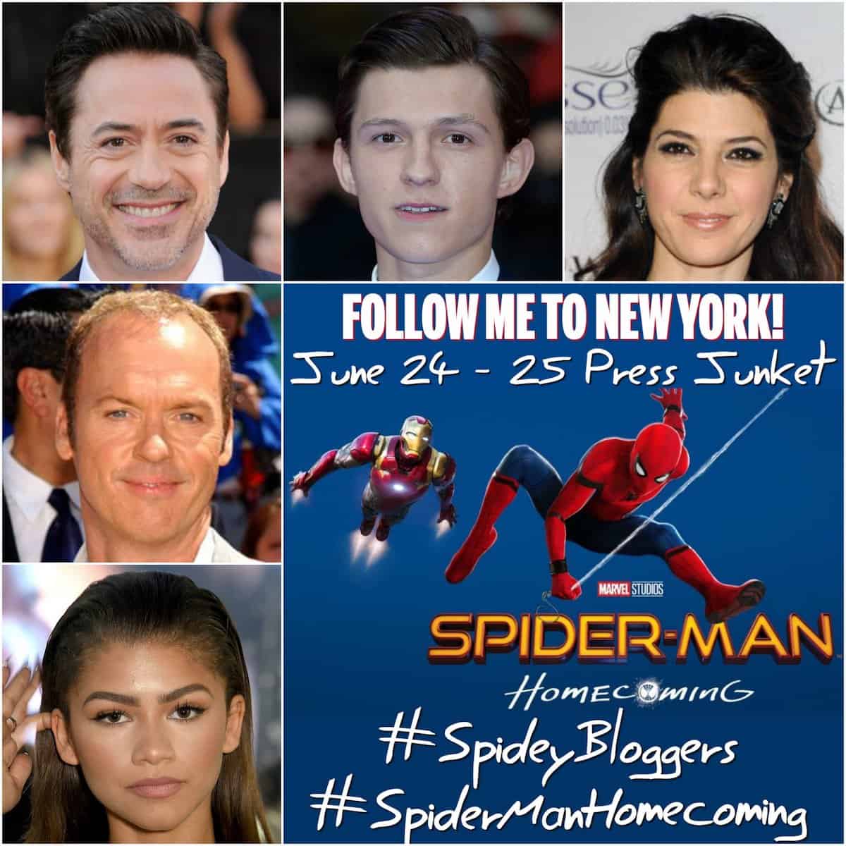 Spider-Man Homecoming press junket tom holland zendaya, marisa tomei robert downey jr michael keaton