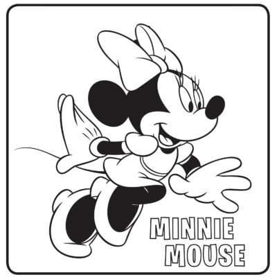 Minnie Mouse coloring page with a black and white illustration of Minnie Mouse smiling and waving while jumping, wearing her signature bow, dress, and gloves. Perfect for Minnie Mouse Coloring Pages and Activity Sheets. The words "MINNIE MOUSE" appear at the bottom right.