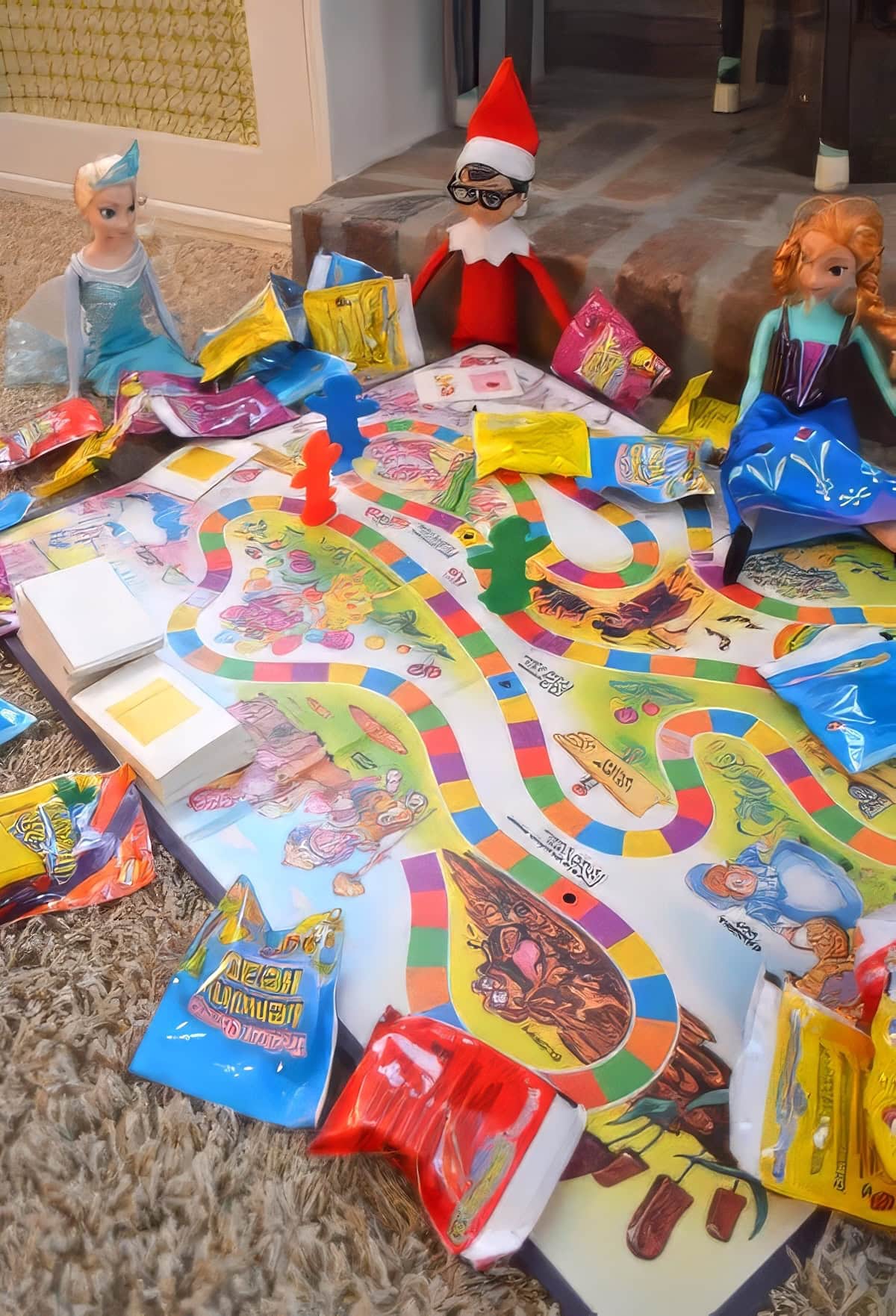 An Elf on the Shelf, plus Anna and Elsa from Frozen, are gathered around a colorful board game with candy-themed pathways. Various snack bags are scattered around them, embodying a whimsical Disney charm. The scene unfolds on a cozy carpeted floor near a crackling fireplace.