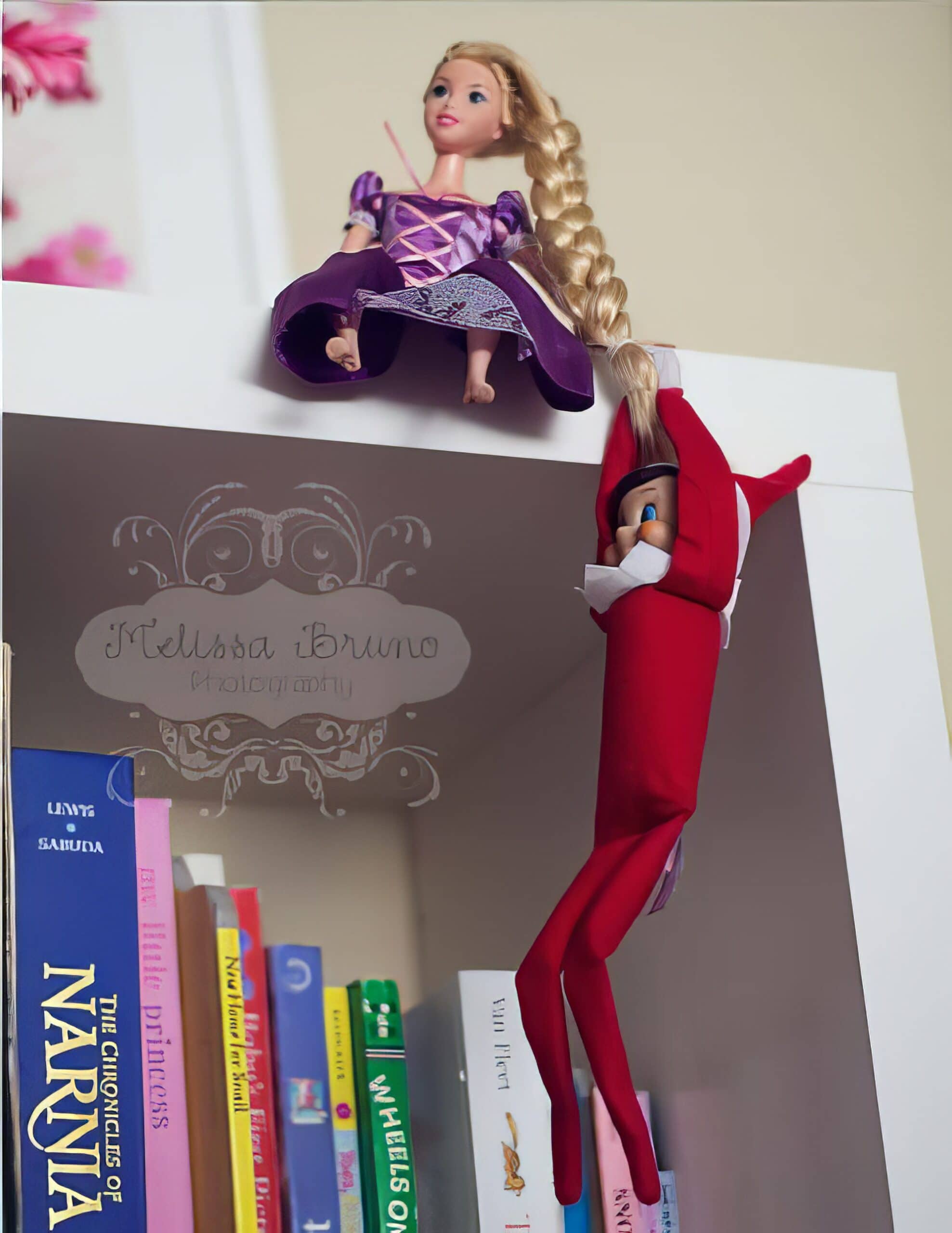A doll in a purple dress sits on a shelf next to a Disney-themed elf figure hanging by its arms. Below them are colorful books, including "The Chronicles of Narnia." The scene, perfect for Elf on the Shelf ideas, is captured with a photography watermark in the background.