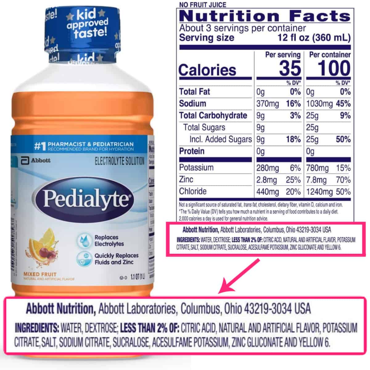 Orange pedialyte ingredients and nutritional information and bottle