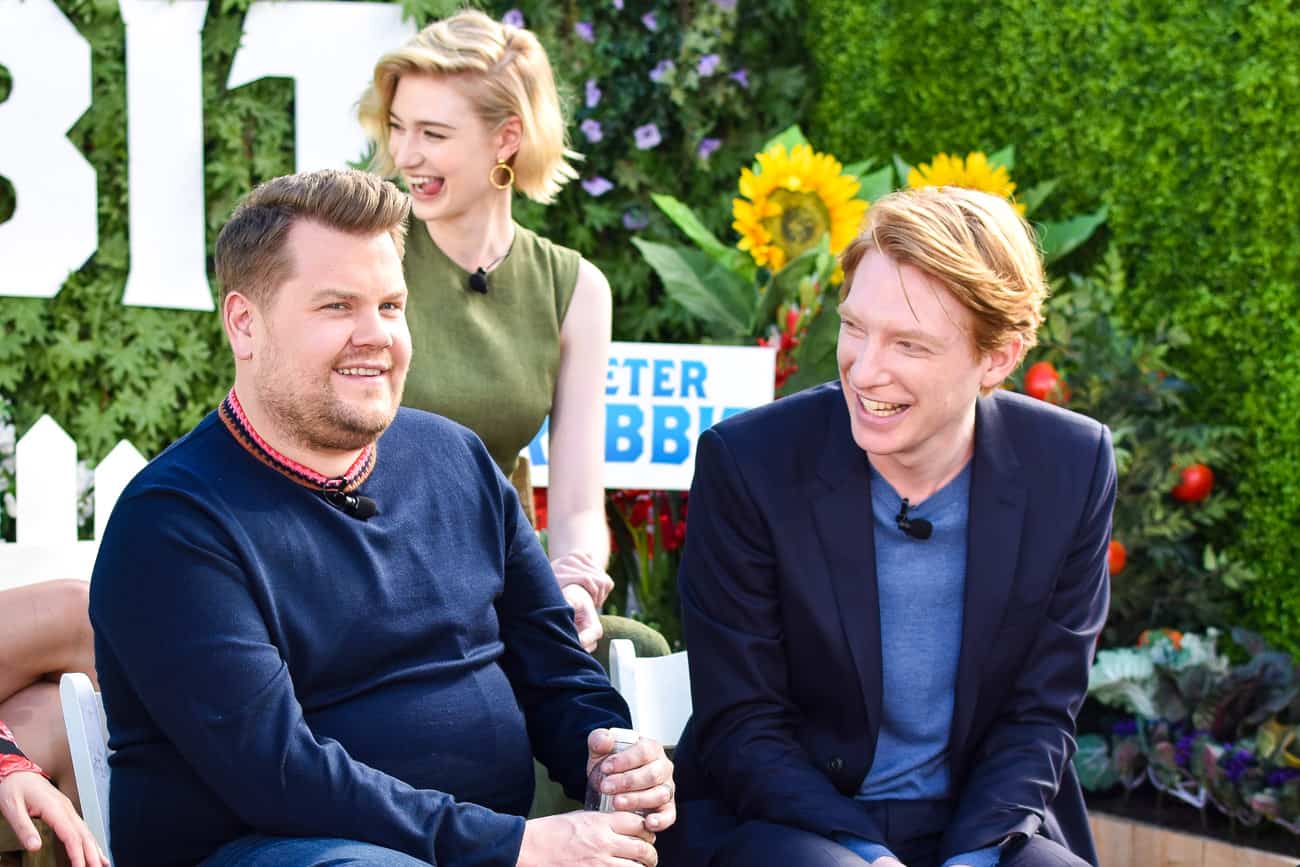 James Corden Elizabeth Debicki and Domhnall Gleeson peter rabbit press conference