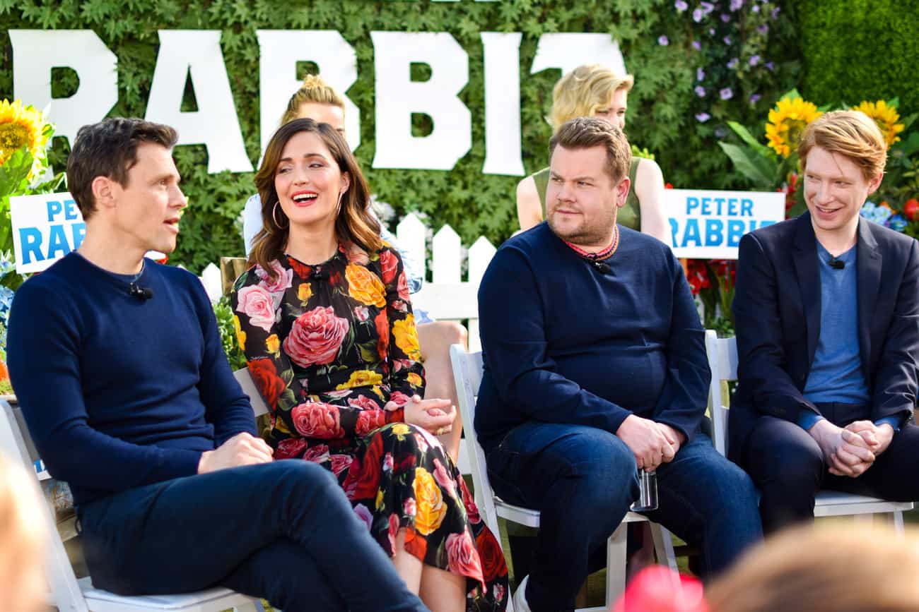 peter rabbit press conference will gluck rose byrne james corden domhnall gleeson