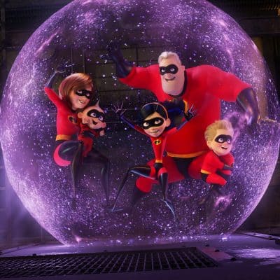 Incredibles 2 family in violet force field bubble