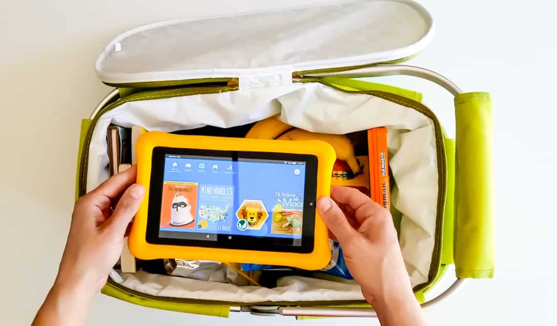 Kindle Fire Kids Edition Tablet on a Road Trip Essentials basket