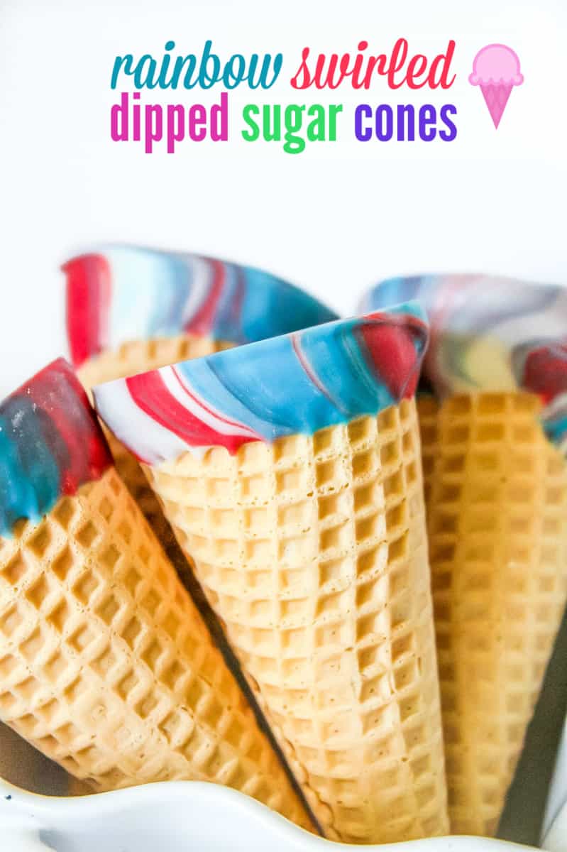 dipped sugar cones in melted chocolate rainbow of colors