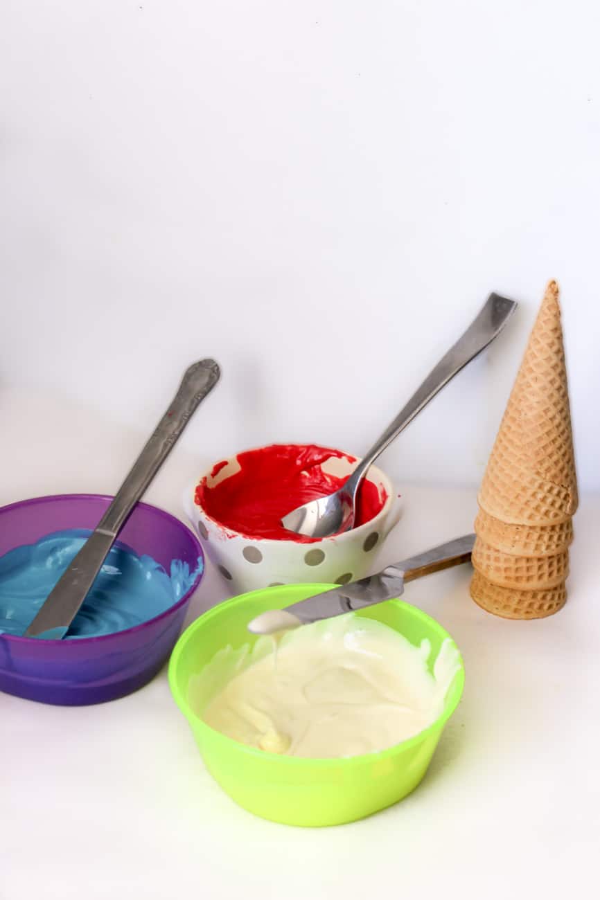 red white and blue melted candy for dipped sugar cones