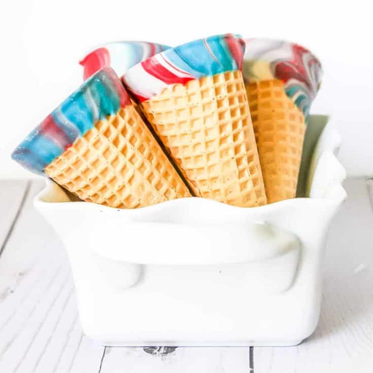 Red, White and Blue Dipped sugar cones in rainbow candy