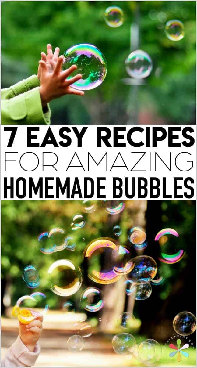 text with recipes for homemade bubbles and child's hands reaching for a floating bubble and a child's hand holding a bubble wand blowing bubbles