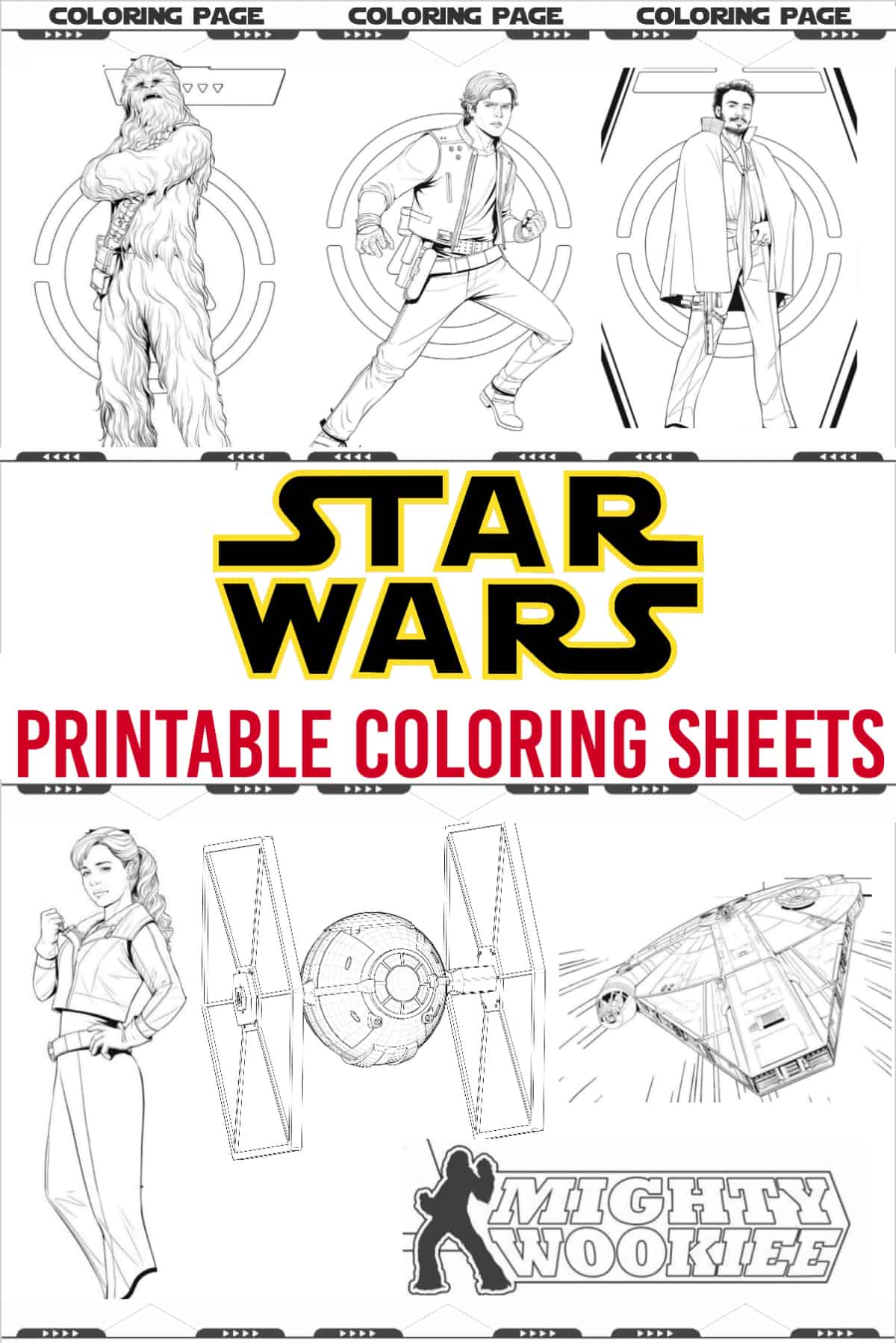 Star Wars coloring pages, activity sheets with Chewbacca, Hans Solo, Lando, tie fighter, millennium falcon and qi ra