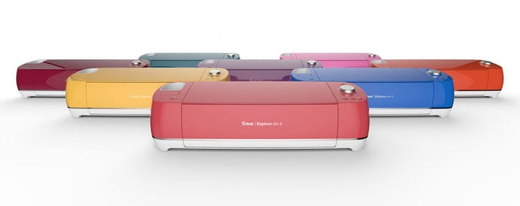 Cricut Explore Air 2 machines in red, yellow, blue, purple, pink and green