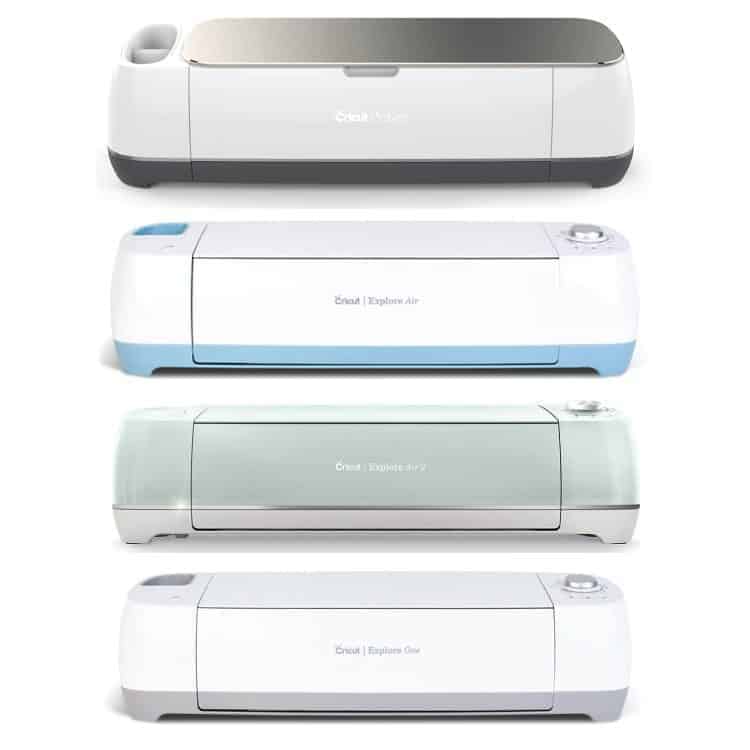 Cricut Maker, explore air, Explore Air 2 and Explore One machines in a vertical image