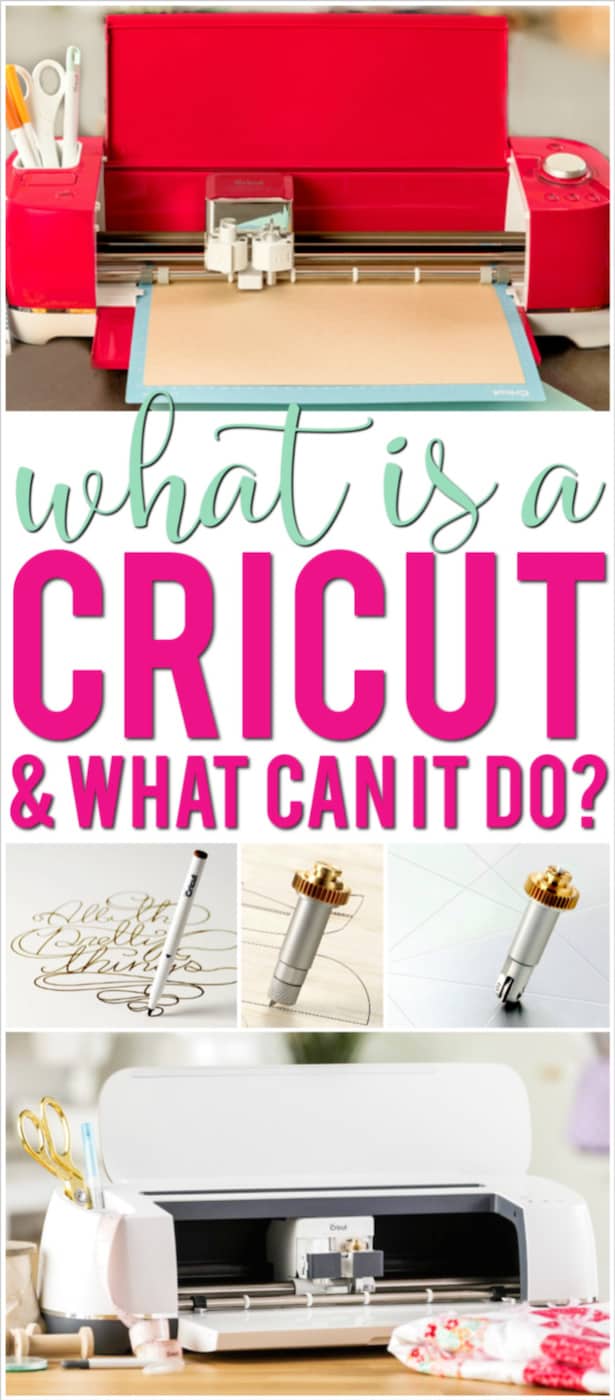 Red Cricut explore air 2, pen, knife blade and scoring wheel plus a cricut maker with scissors to explain what is a Cricut