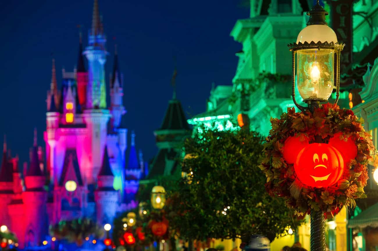 Mickey's Not So Scary Halloween Party castle and pumpkins