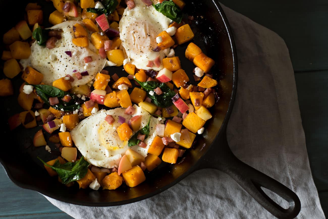 butternut squash hash recipe with three eggs