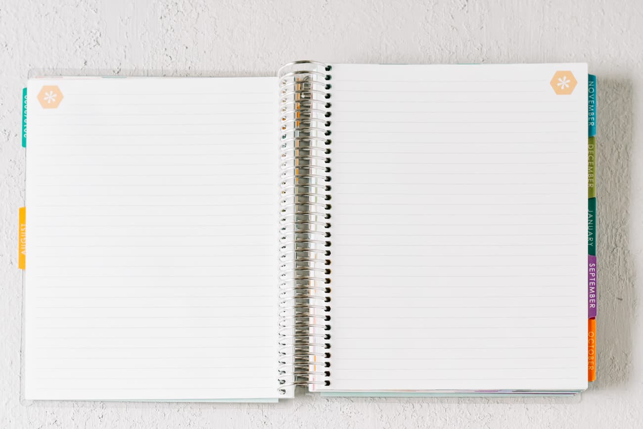 open pages of spiral bound notebook with multicolor monthly tabs