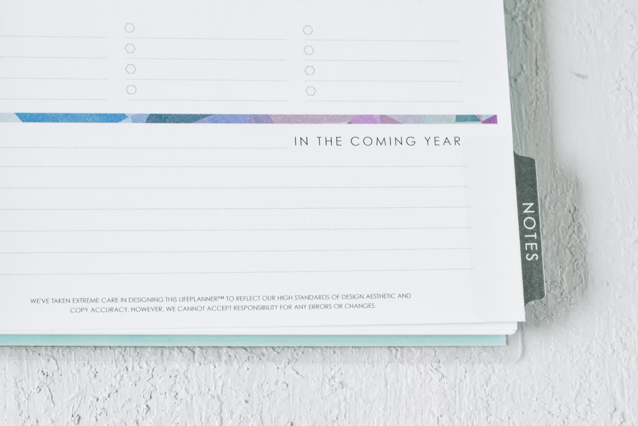 Planner page Notes section with In the Coming Year printed on it