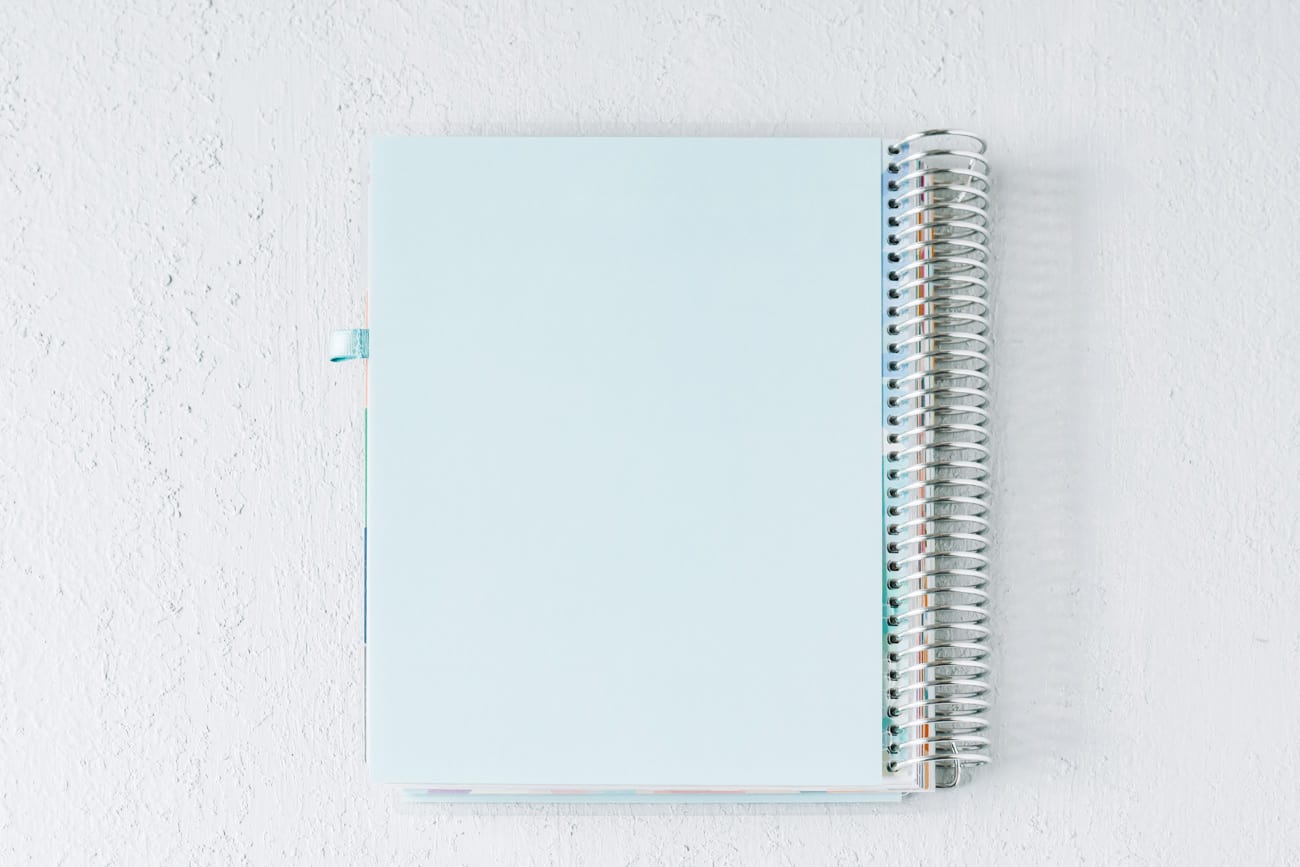 Blue back cover of spiral bound notebook