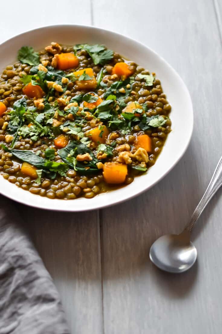 Vegan Butternut Squash and Lentil Soup with Cilantro and Walnuts