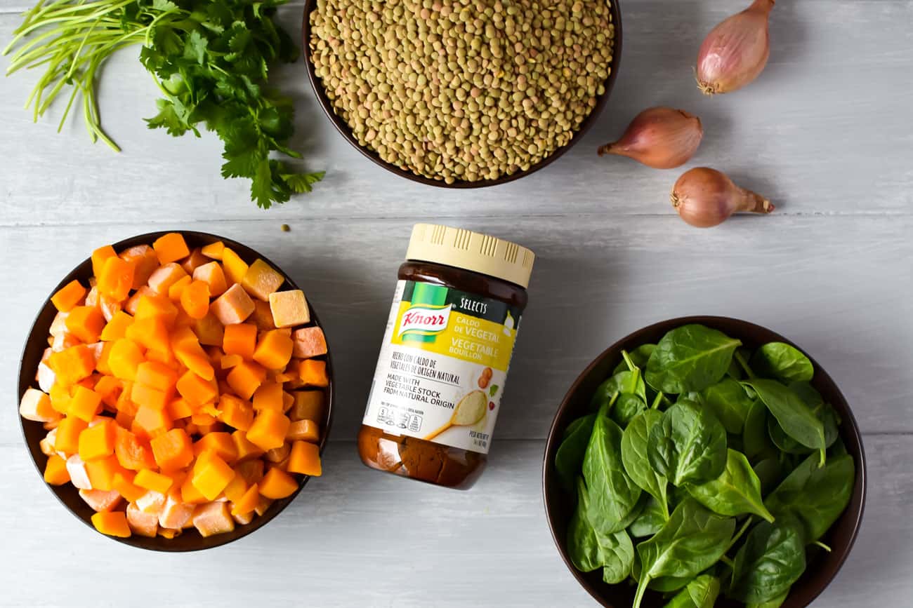 Vegan lentil soup ingredients. Cilantro, lentils, shallots, butternut squash, vegetable stock and spinach