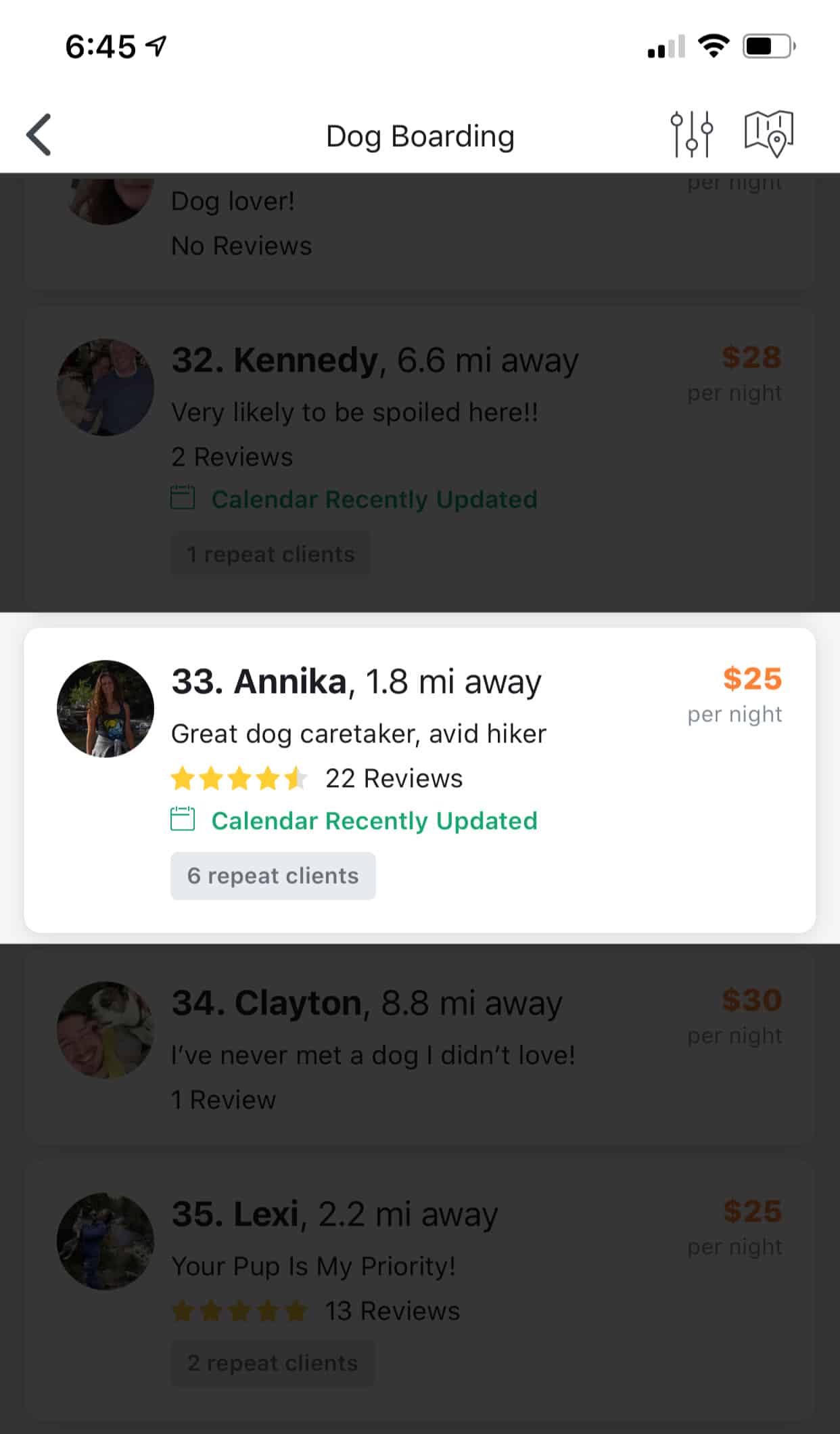 screenshot of rover sitters available