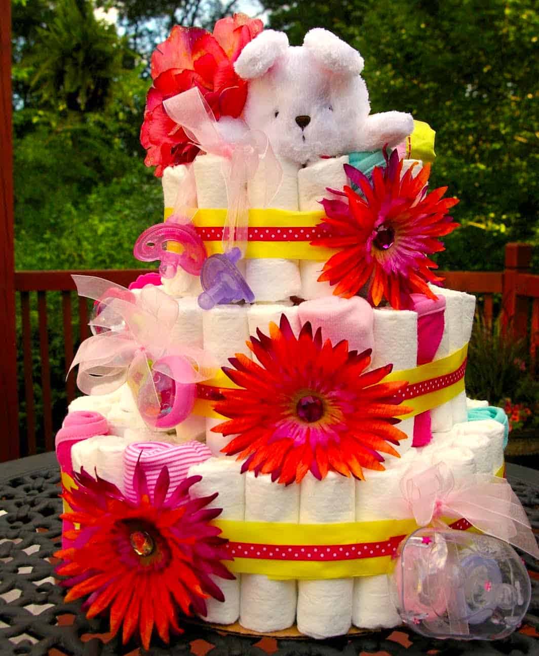 big diaper cake with flowers