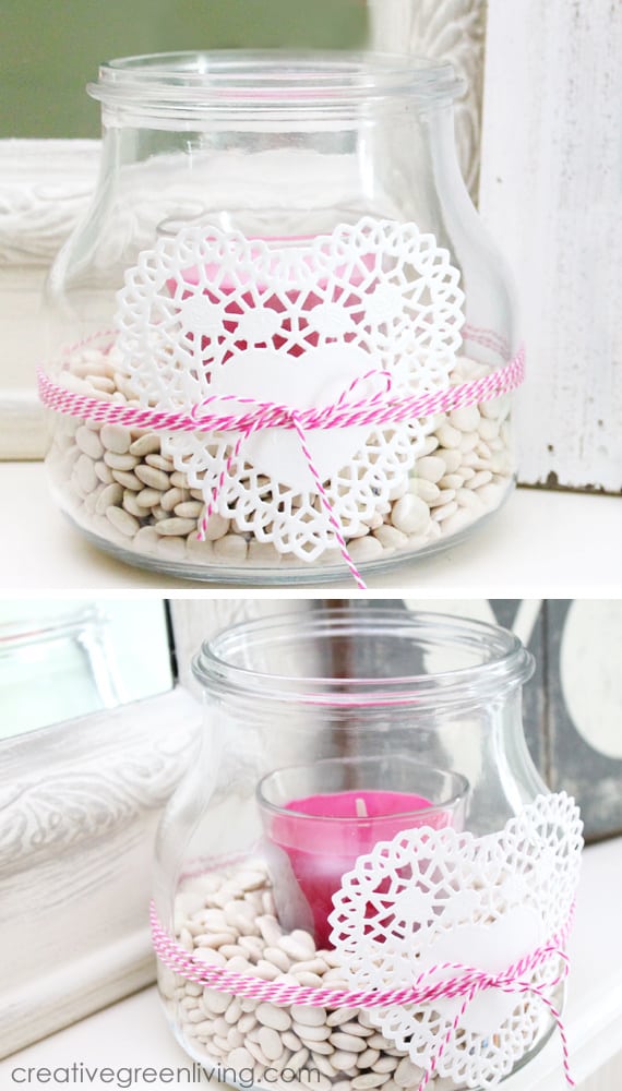 pink candle in clear jar with lace