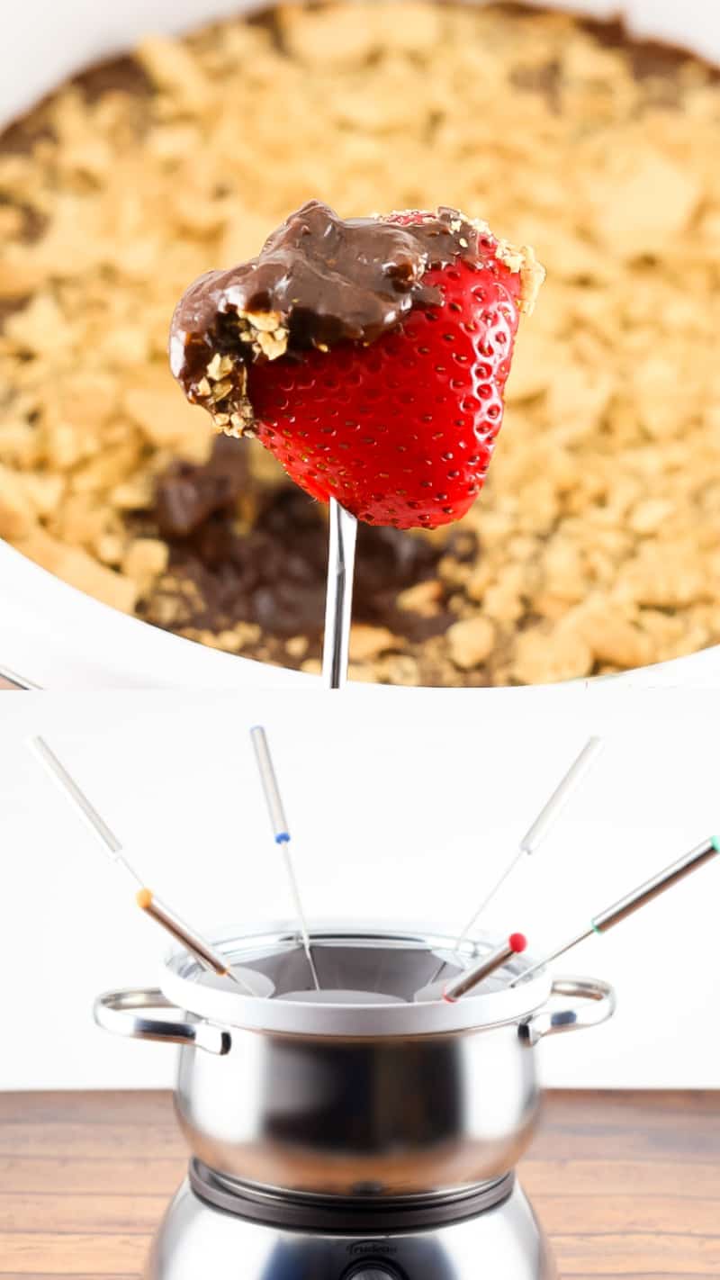 smores chocolate fondue with red strawberry