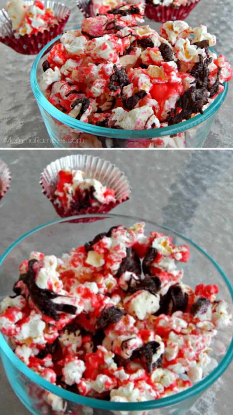 pink and red chocolate popcorn munch