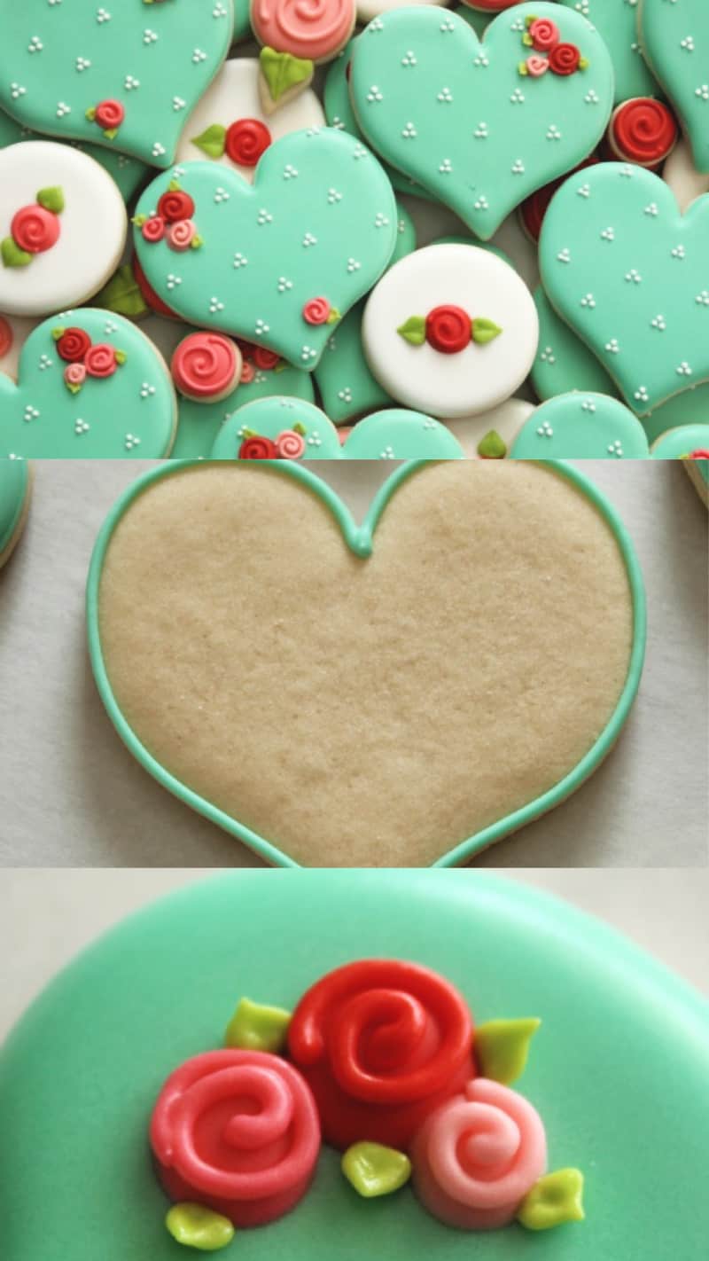 heart shaped cookies with green icing and red flowers