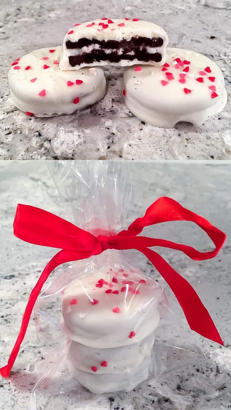 white chocolate dipped oreos with valentine sprinkles