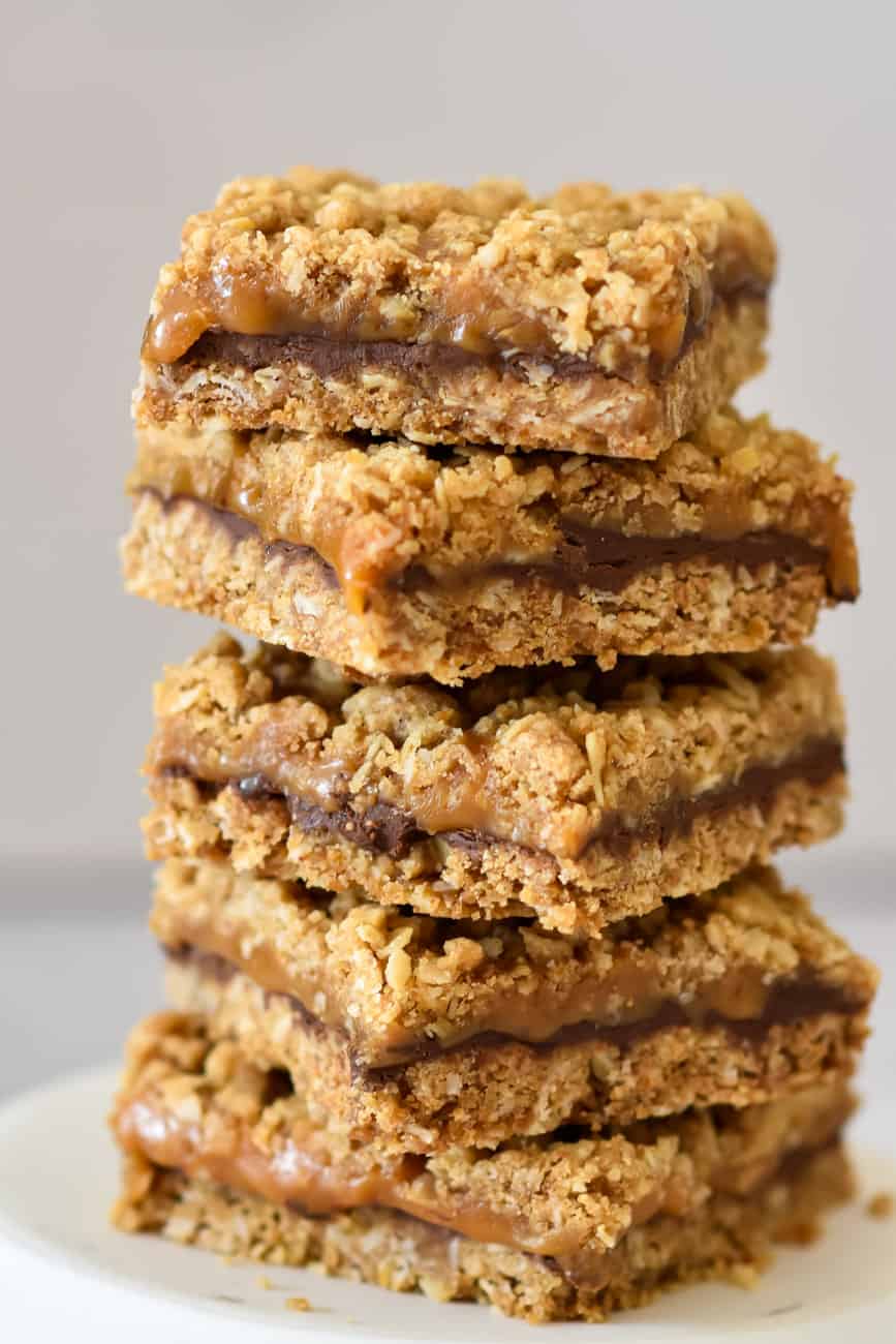 salted caramel bars stacked up