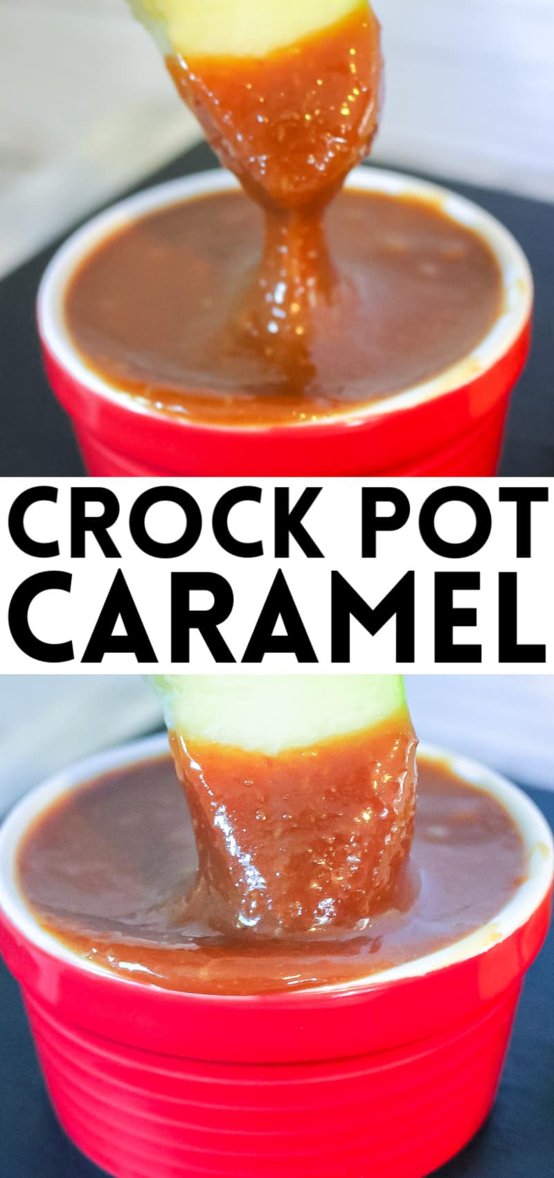 apple dipping in red dish with crock pot caramel