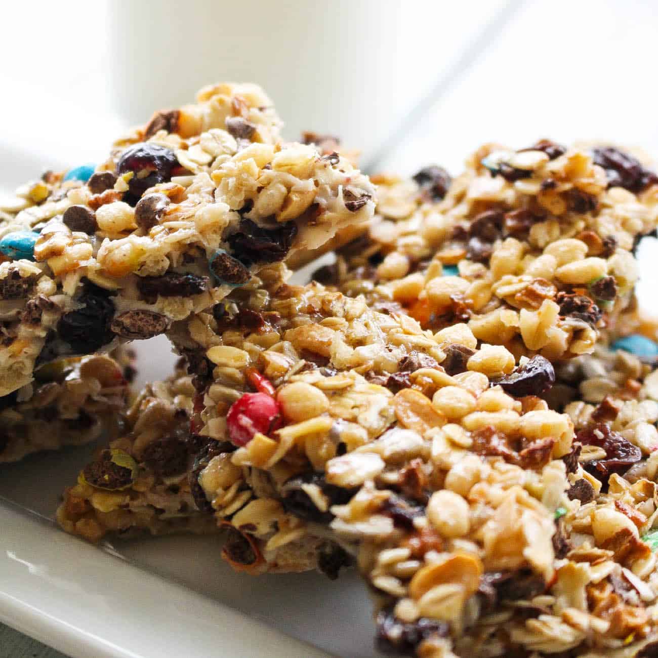 granola bars on a white plate 