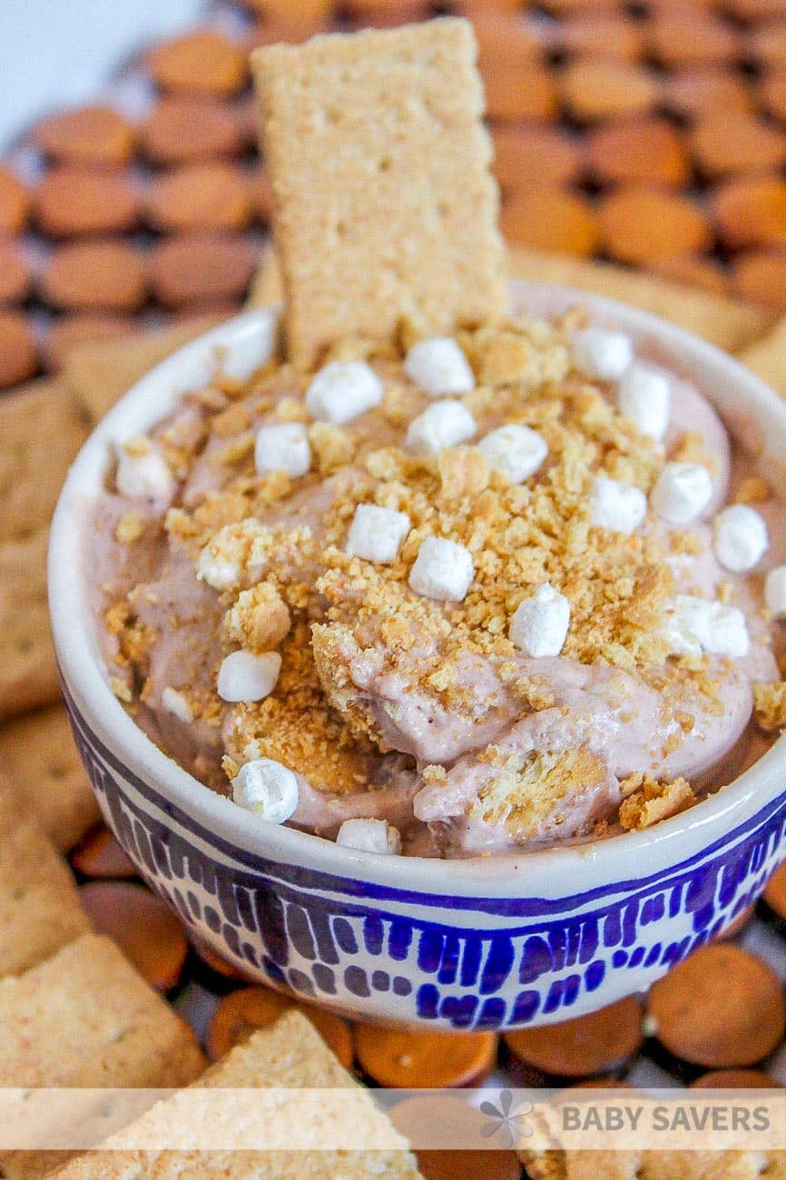 smores ice cream topped with mini marshmallows and graham cracker crumbs in a blue and white ceramic bowl