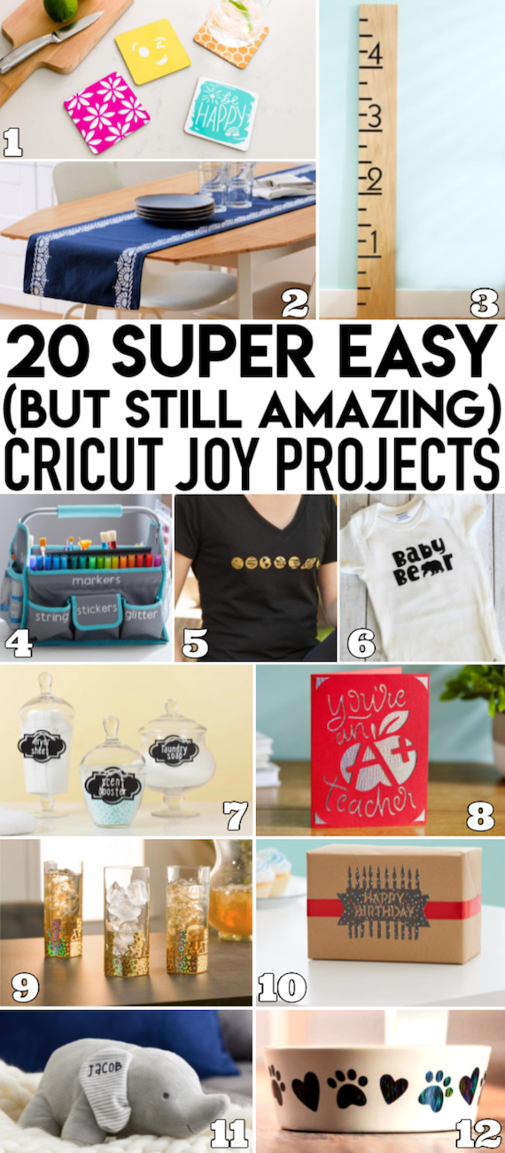 collage of 12 different projects made with a cutting machine. Coasters, a wall-mounted measuring  ruler, a table runner, an art tote, a shirt with the solar system, a baby onesie, apothecary jars with labels, a homemade card, tumblers with ice, a birthday present, a stuffed elephant and a dog dish