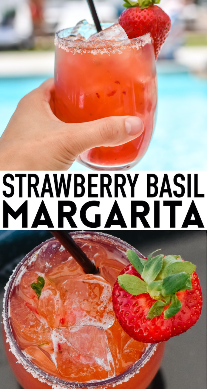 Strawberry basil margarita pin with words overlay