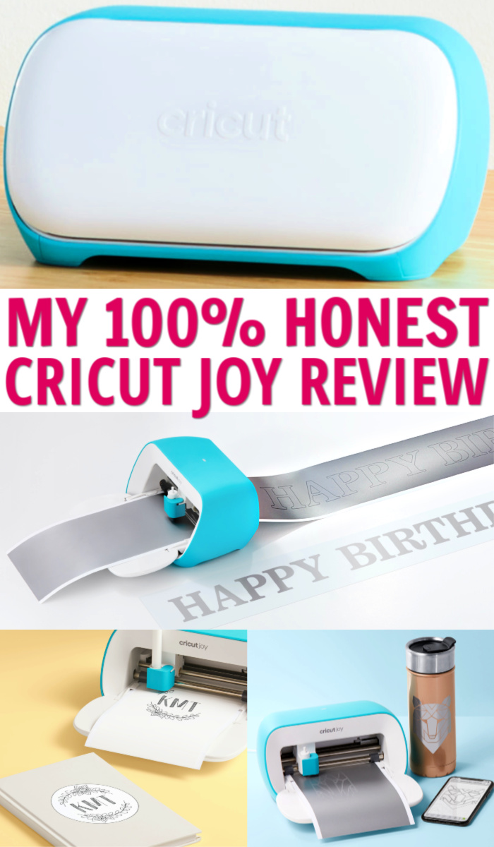 Cricut Joy Review collage with machine cutting out a Happy Birthday banner,  drawing a monogram and cutting a decal for a coffee mug