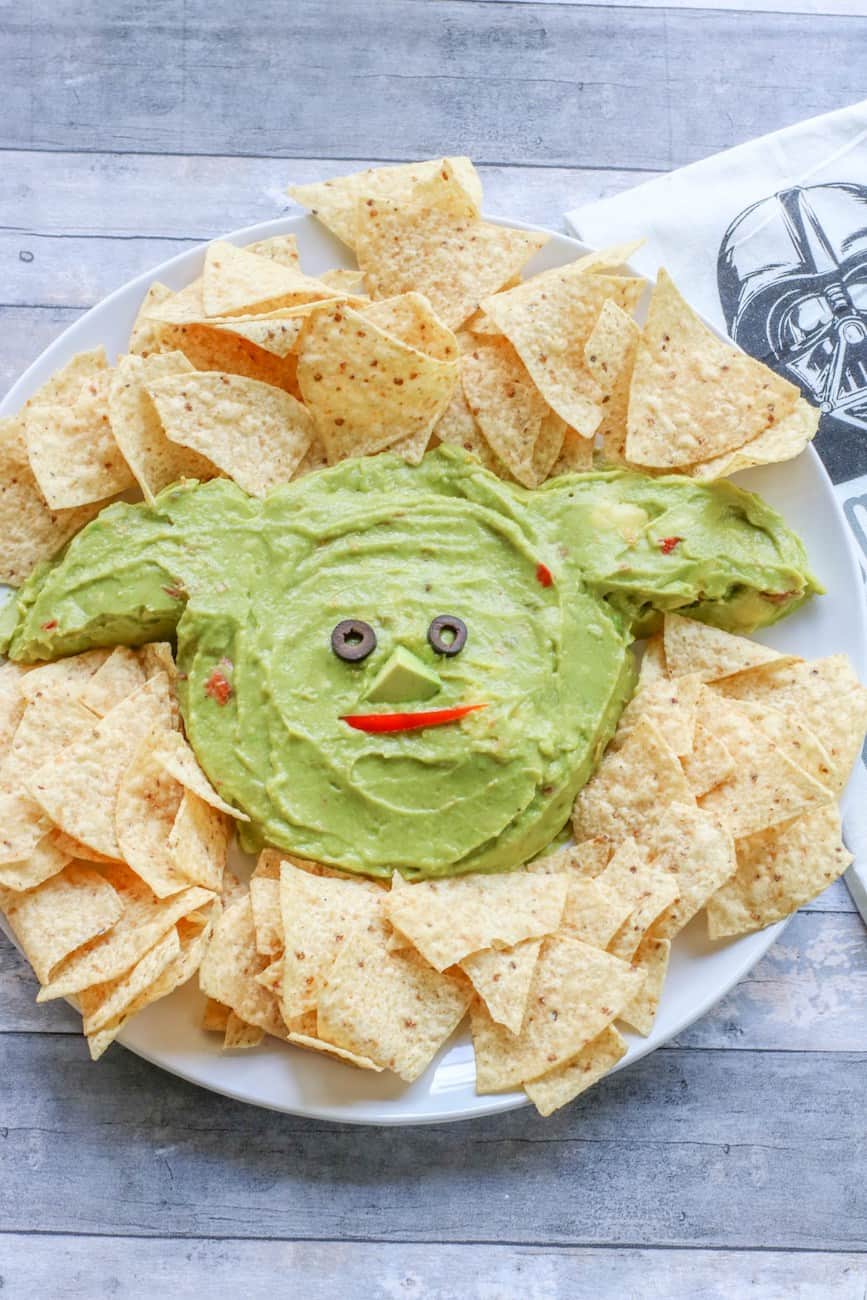 Baby yoda guacamole platter with tortilla chips