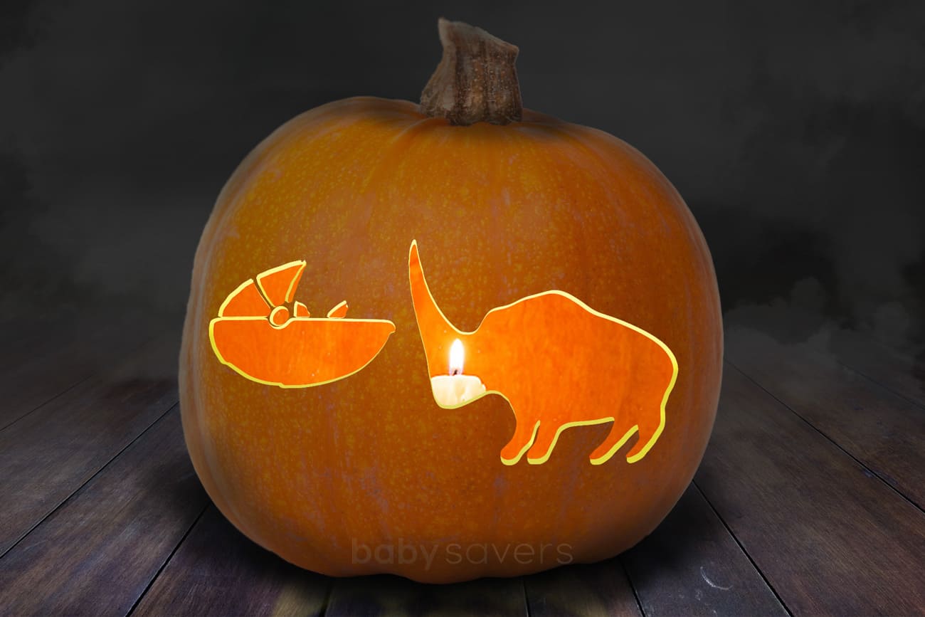 Baby Yoda with mudhorn pumpkin carving template on orange pumpkin